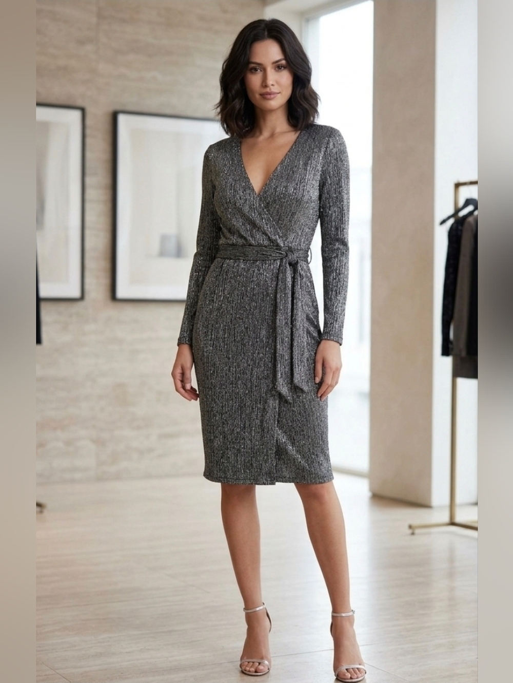Rachel Zoe Black Metallic Knit Wrap Dress